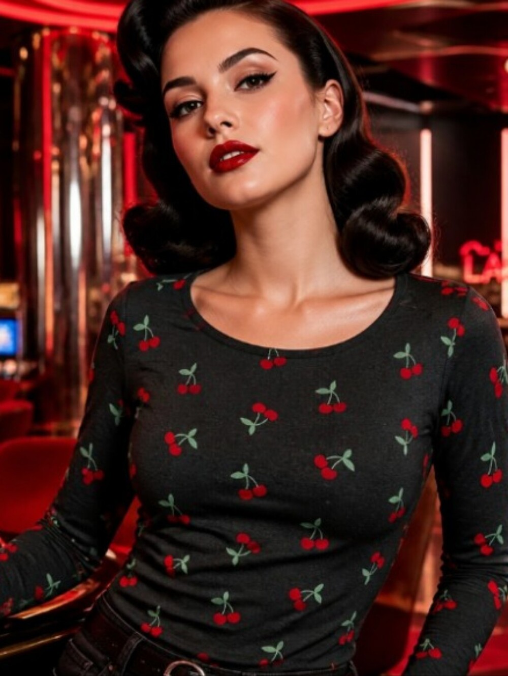 Cato Black Long-Sleeve Top with Red Cherry Print